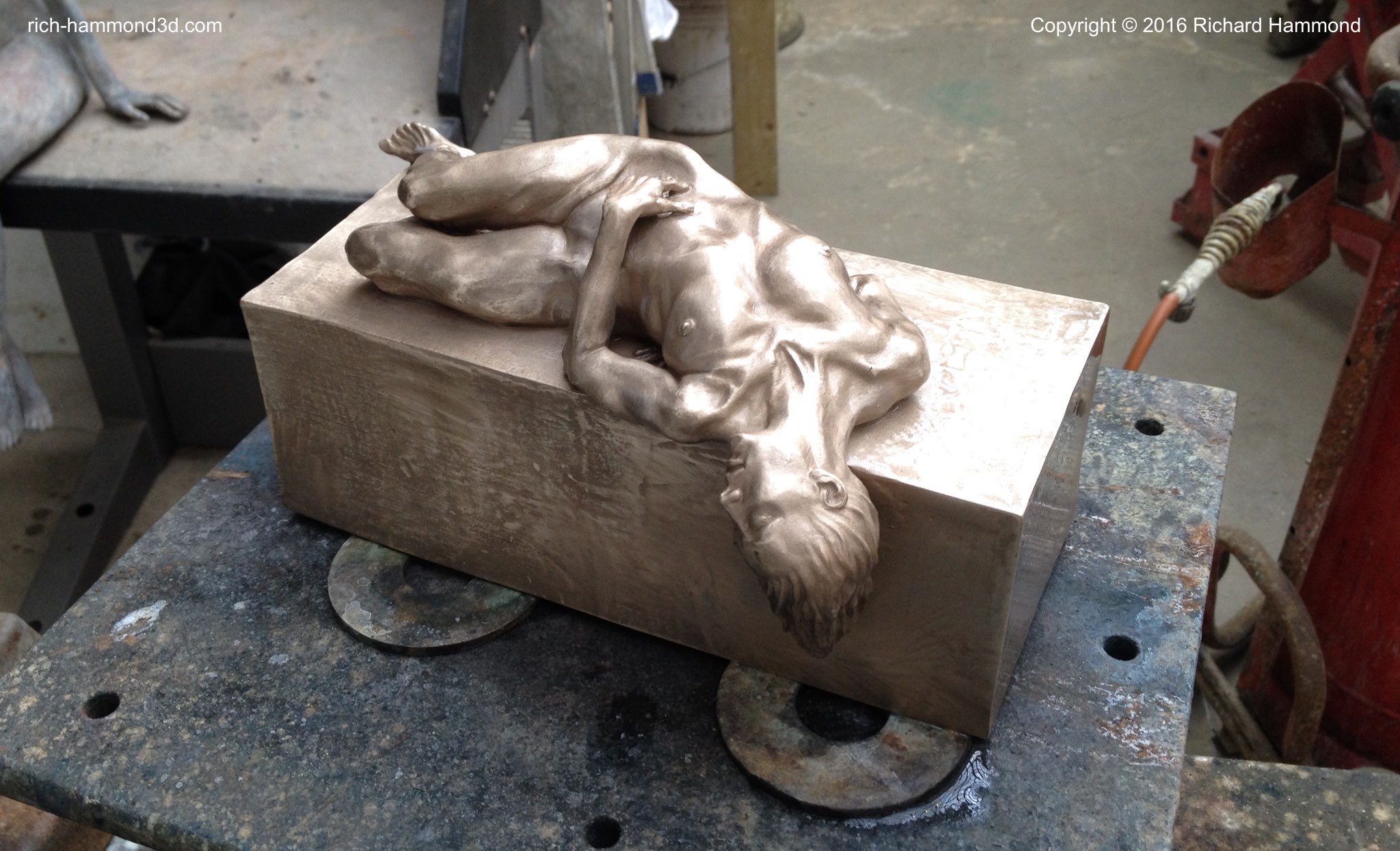 This is the raw bronze cast at the foundry just before the patination process.