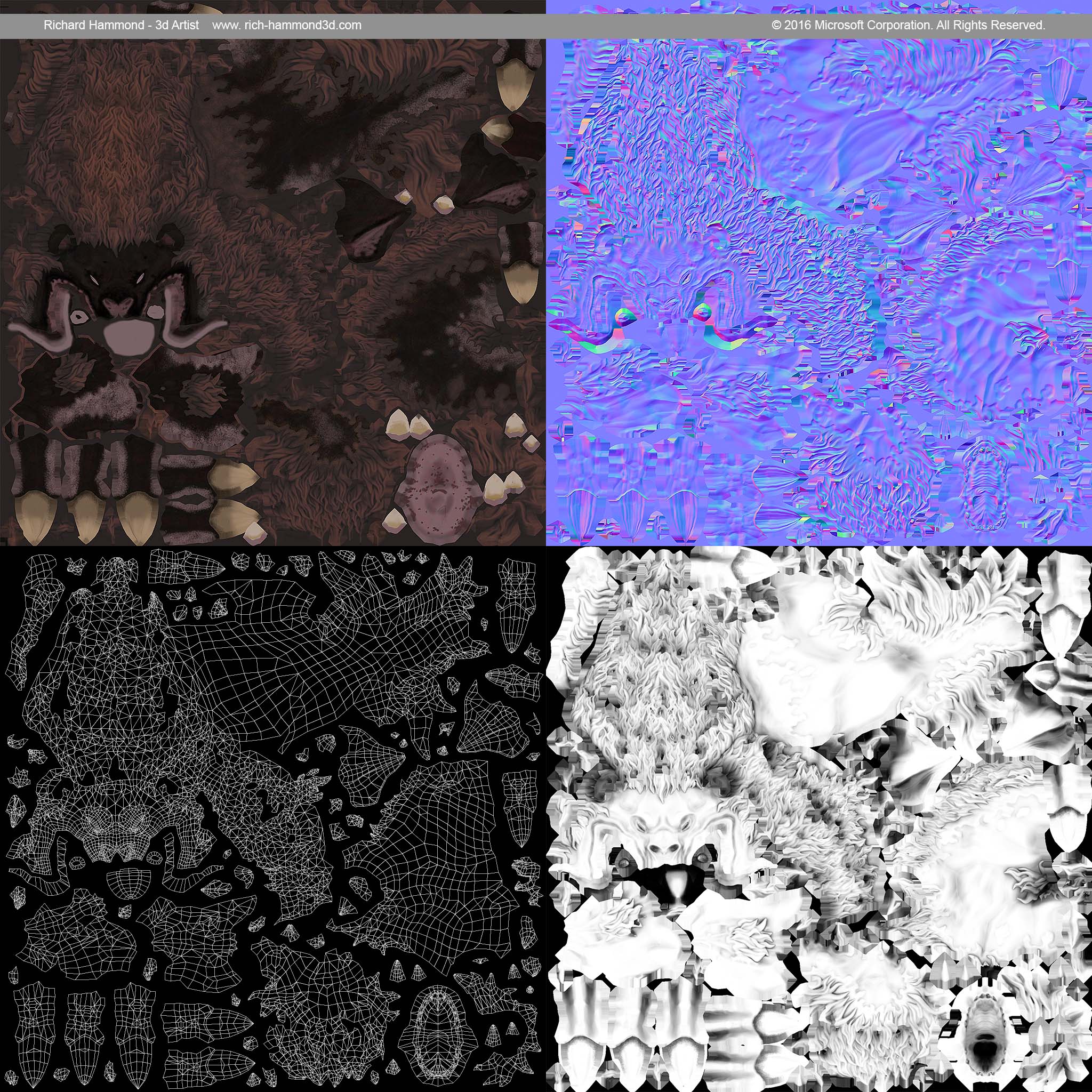 The UV layout for the top half of the model with diffuse, normal and AO.